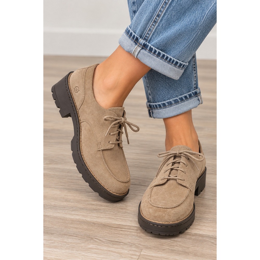 NEW Born Corby Taupe Suede Oxford Shoes Lug Sole Lace Up Tan Womens 7M